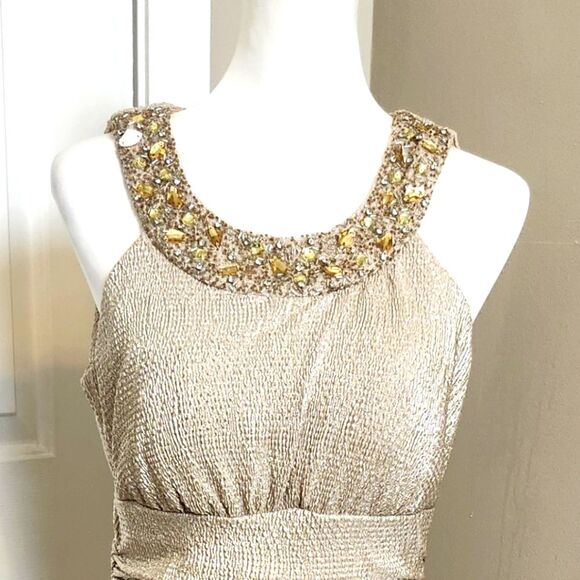 R&M Richards gold metallic sleeveless beaded floor-length formal gown dress 8 - Picture 4 of 8